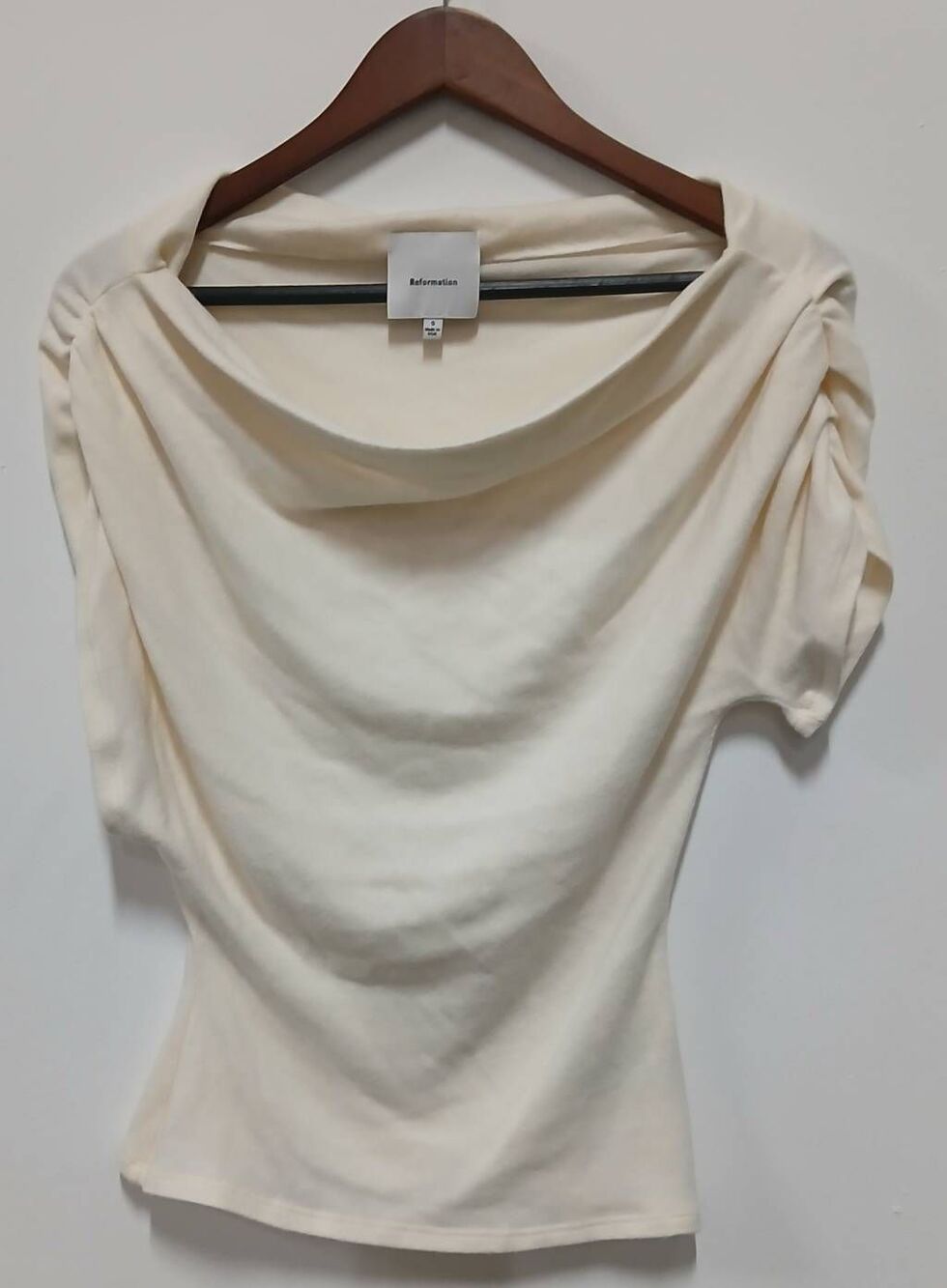 Reformation womens small boat neck top smocked asymmetric cream organic cotton